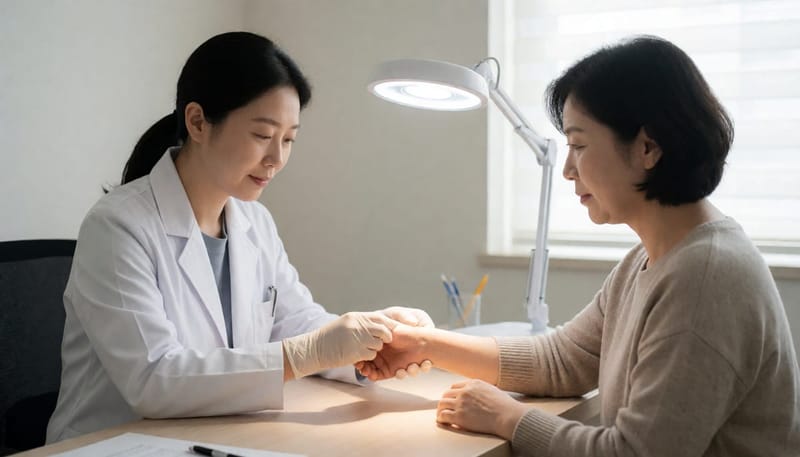 피부과 진료실에서 손목을 살펴보는 의사와 환자