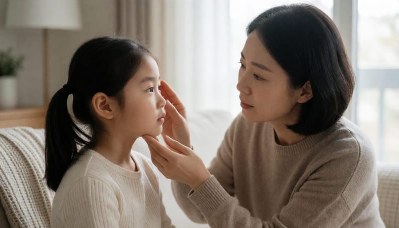 눈에 이상 증상이 있는지 살펴보는 엄마와 딸