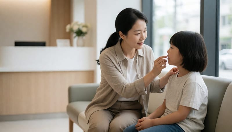 만 7세 아이의 치아 상태를 살�펴보는 어머니와 아이의 모습