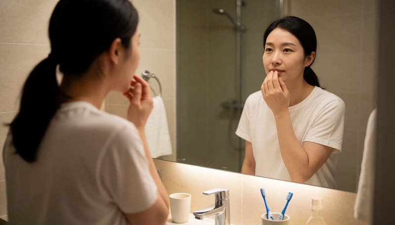 집에서 거울을 보며 치아 정렬 상태를 스스로 확인하는 모습