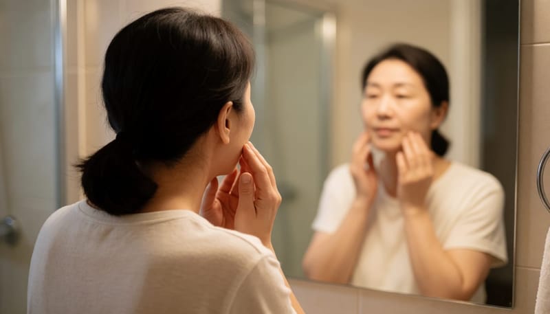 여성이 집 화장실 거울 앞에서 턱선을 손으로 만지며 확인하는 모습
