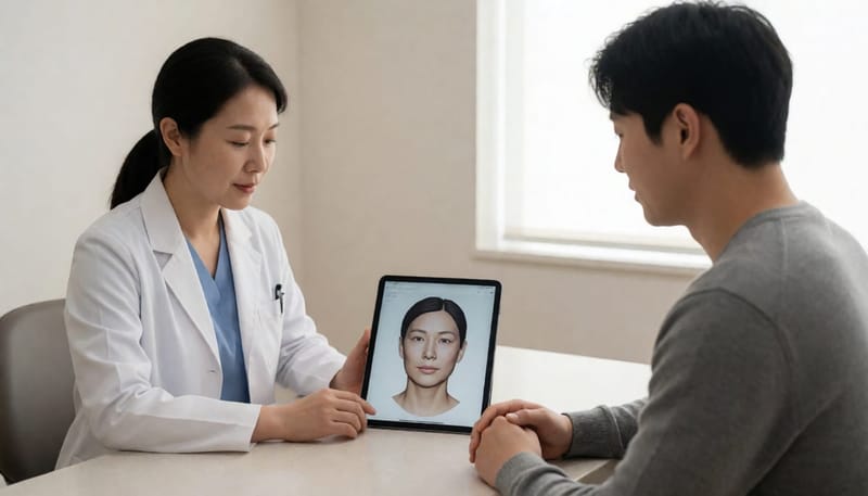 의사와 환자가 태블릿으로 3D 얼굴 스캔을 보며 상담하는 모습