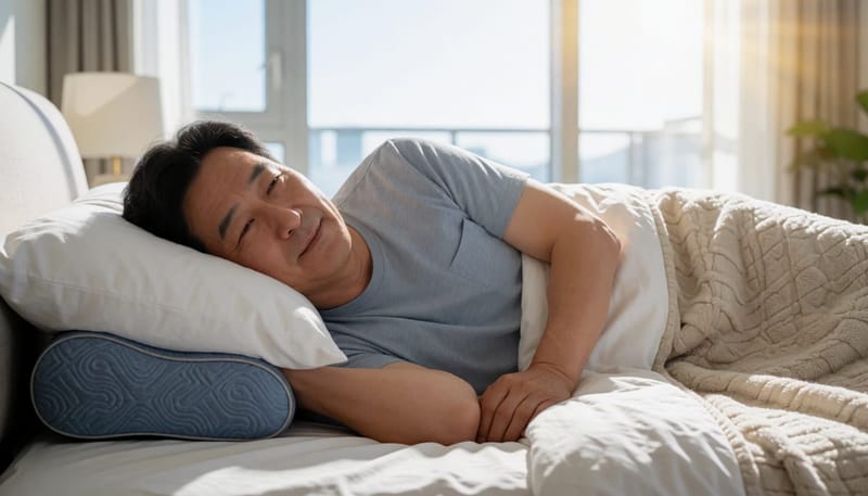 허리 보호대 베개를 대고 옆으로 누운 남성