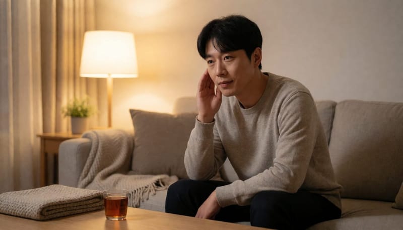 집 소파에 앉아 한쪽 귀를 손으로 감싸며 불편해하는 남성의 모습