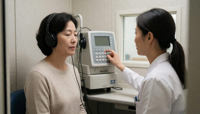 청력검사 부스에서 헤드폰을 끼고 검사받는 여성과 조작하는 검사자