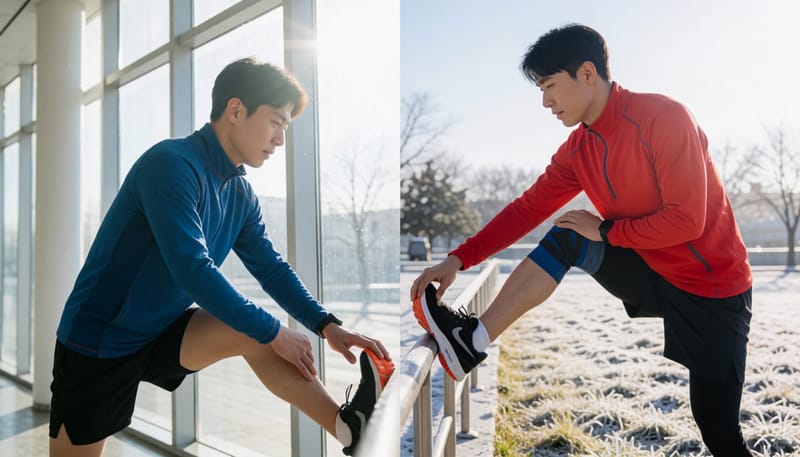 추운 날씨에 무릎 보호대를 하고 스트레칭하는 남성 러너
