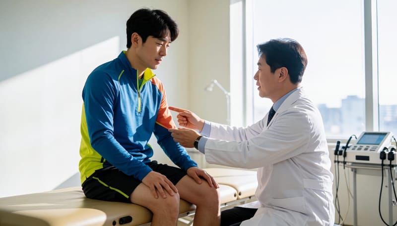 병원에서 의사에게 무릎 바깥쪽 통증 부위를 보여주는 남성 환자