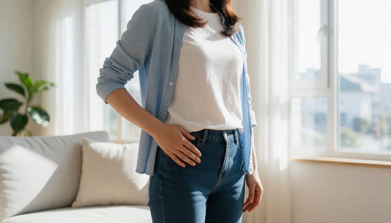 한쪽 아랫배에만 빛이 비치며 비대칭을 보여주는 여성의 모습