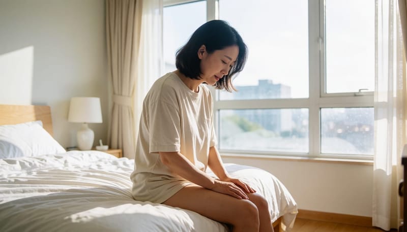 침대에 걸터앉아 아랫배를 손으로 눌러보며 걱정스러운 표정을 짓는 여성