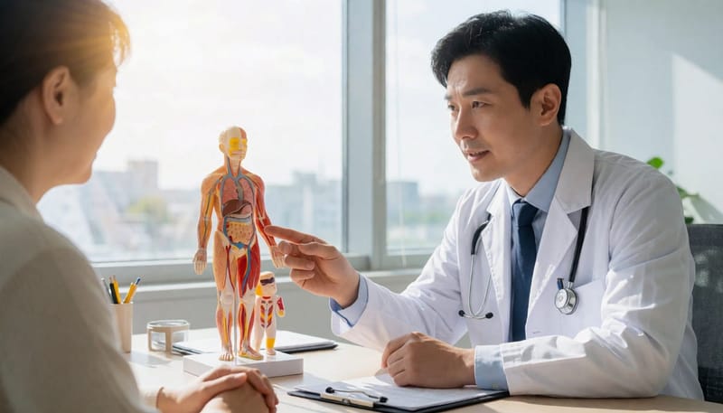 방광 모형을 가리키며 설명하는 의사