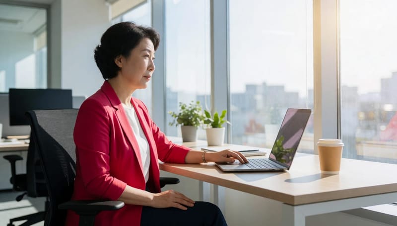 업무 중 방광 불편감으로 자세를 바꾸는 직장인 여성