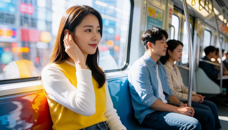 지하철에서 귀를 만지며 먹먹함을 느끼는 여성