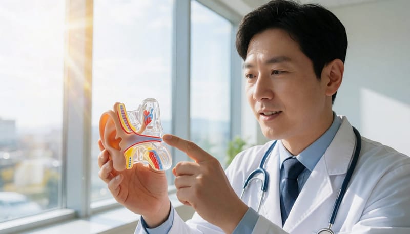 의사가 귀 모형으로 이관과 중이 구조를 설명하는 모습