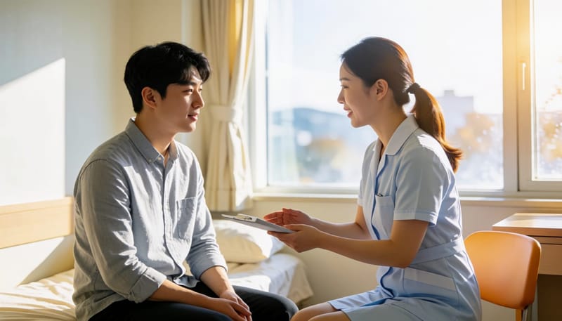 간호사가 이관을 여는 발살바법을 환자에게 알려주는 장면