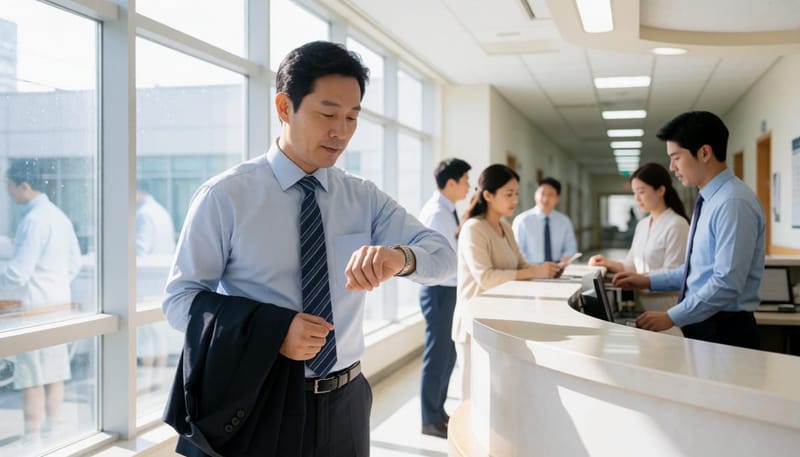 바쁜 업무 중 병원을 찾은 직장인 남성의 모습