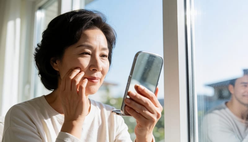 창가에서 손거울로 팔자주름 부위를 살펴보는 여성