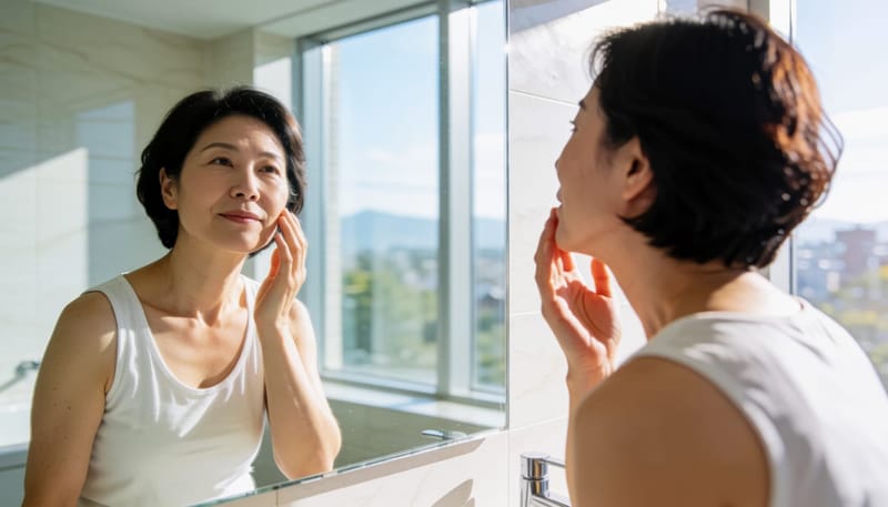욕실 거울 앞에서 자신의 얼굴 상태를 확인하는 여성