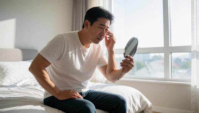 아침에 등 통증을 느끼며 거울로 눈을 확인하는 중년 남성