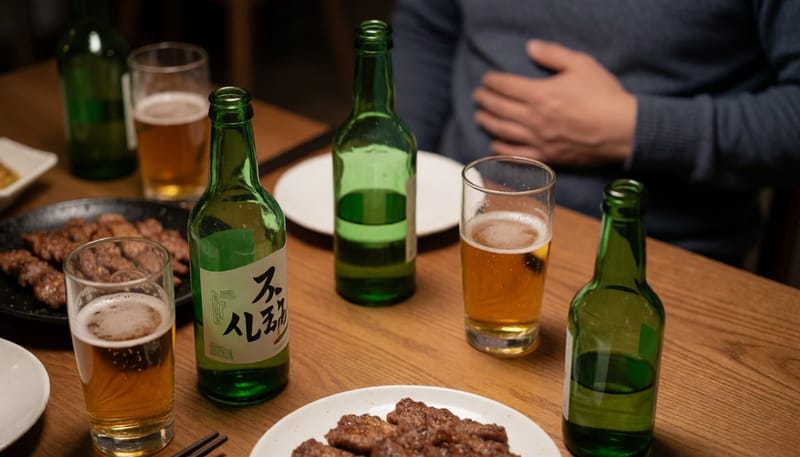 회식 후 술병이 놓인 테이블과 배를 만지는 손이 보이는 장면