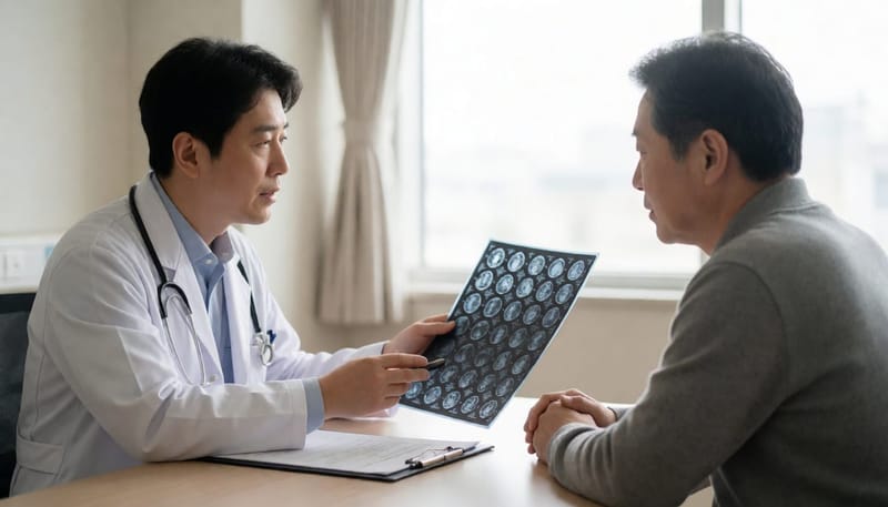 의사가 환자에게 검사 결과를 보며 치료 방향을 설명하는 진료실 장면