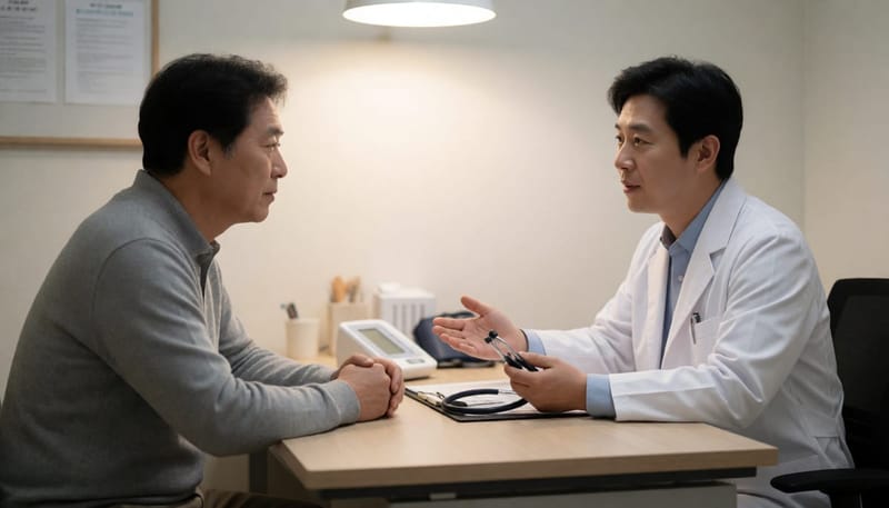 진료실에서 의사와 환자가 마주 앉아 증상에 대해 상담하는 장면