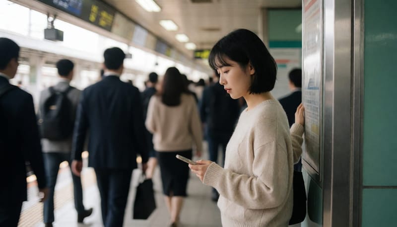 광장공포증으로 붐비는 지하철역 입구에서 얼어붙은 여성