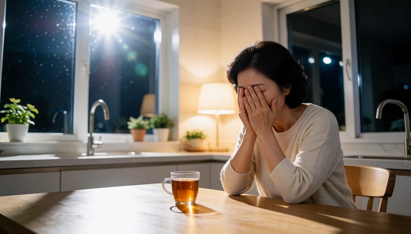 밤늦게 주방 식탁에서 피곤한 얼굴을 감싸고 앉아 있는 중년 여성