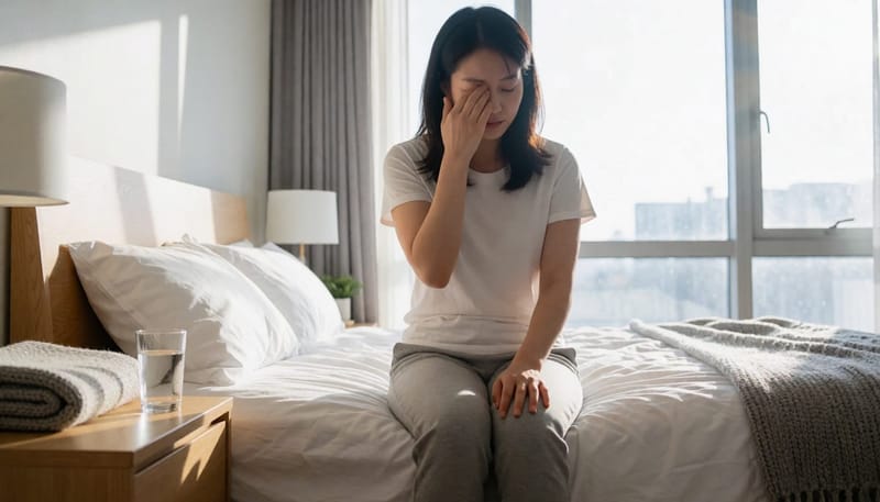 이른 아침 침대 끝에 앉아 눈을 비비는 여성