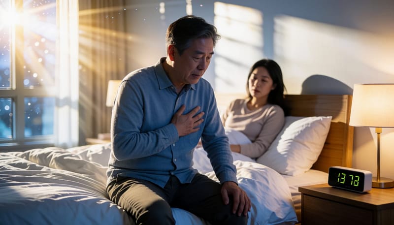 한밤중 침대에서 가슴을 움켜쥐는 남성과 걱정하는 아내
