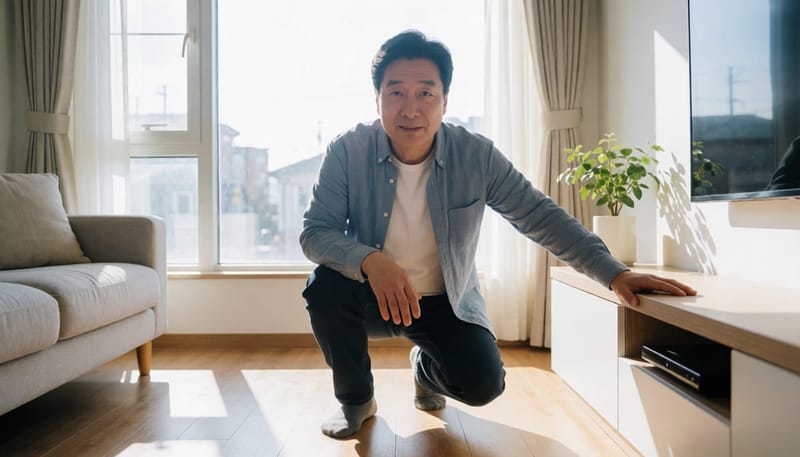 남성이 쪼그려 앉았다가 무릎을 짚으며 일어서는 순간