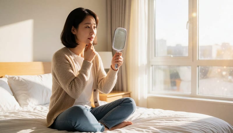 손거울로 턱과 얼굴 피부 상태를 꼼꼼히 살펴보는 여성