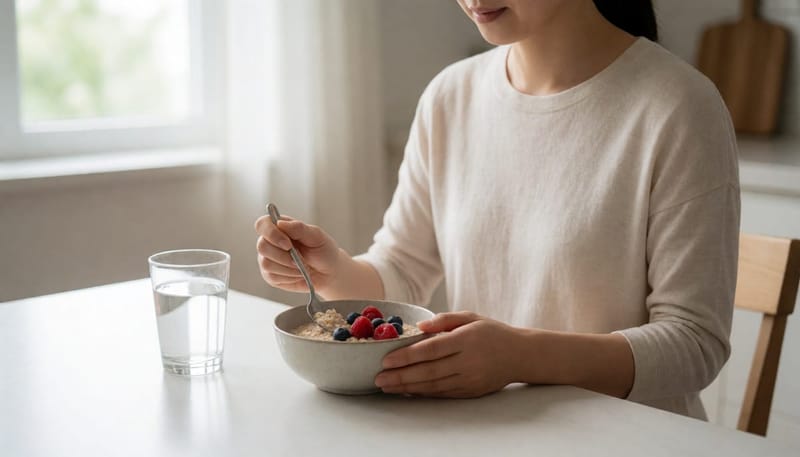 아침 식탁에서 건강한 식사를 준비하는 여성