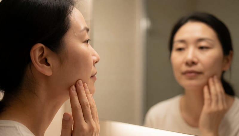 거울을 보며 턱선을 살펴보는 여성의 얼굴 클로즈업