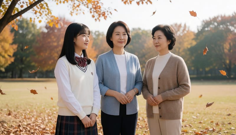 청소년기·가임기·중년기를 상징하는 세 연령대 여성들이 공원에 함께 있는 모습