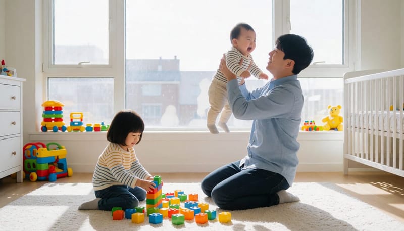 영유아와 미취학 형제가 함께 있는 밝은 아이방 풍경