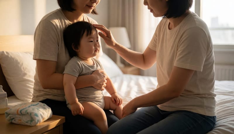 설사 후 축 처진 아이를 안고 이마를 짚어보는 엄마