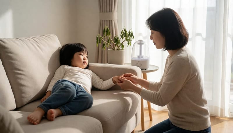 건조한 실내에서 아이의 입술과 피부 탄력을 확인하는 모습