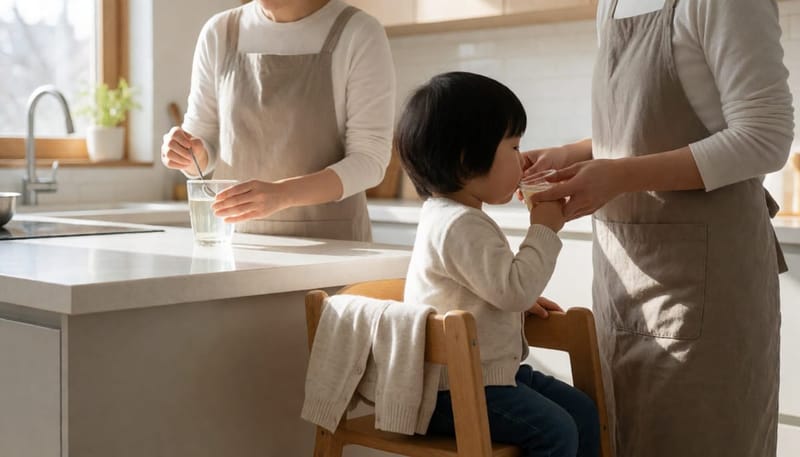경구수분보충액을 만들어 아이에게 조금씩 먹이는 엄마
