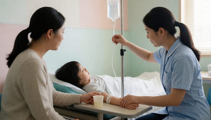 경구수분보충액과 병원 수액 중 상태에 맞춰 수액을 맞는 아이