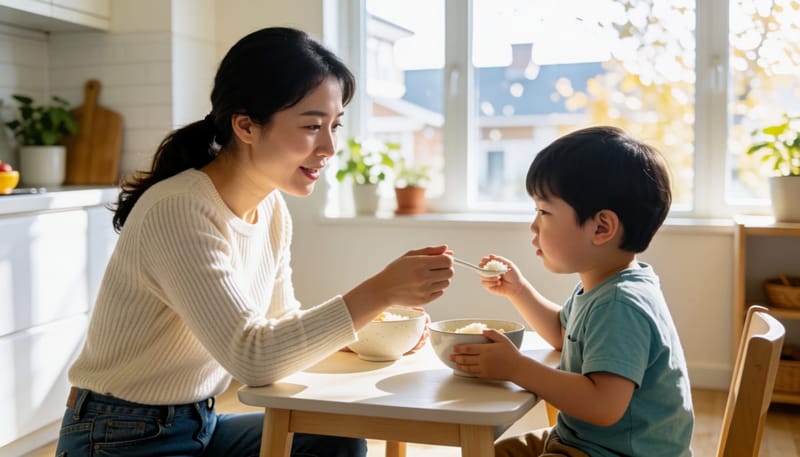 밥을 거부하며 고개를 돌리는 아이와 걱정스레 바라보는 엄마