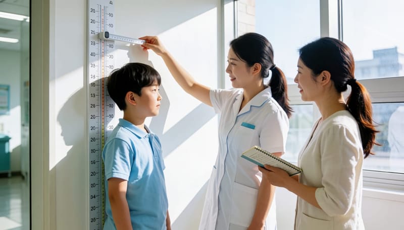 병원 성장 차트 앞에서 키를 측정하는 남자아이와 지켜보는 엄마