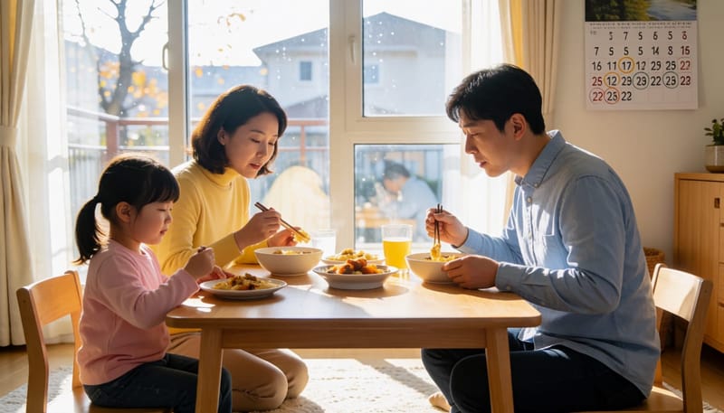 규칙적인 식사 습관을 만들어가는 가족의 저녁 식탁 풍경
