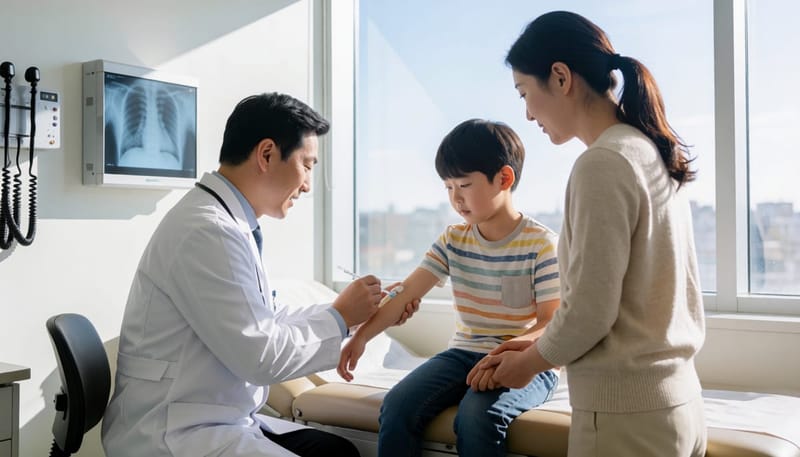 성장 검사를 위해 혈액 검사를 받는 아이와 곁에서 손을 잡아주는 엄마