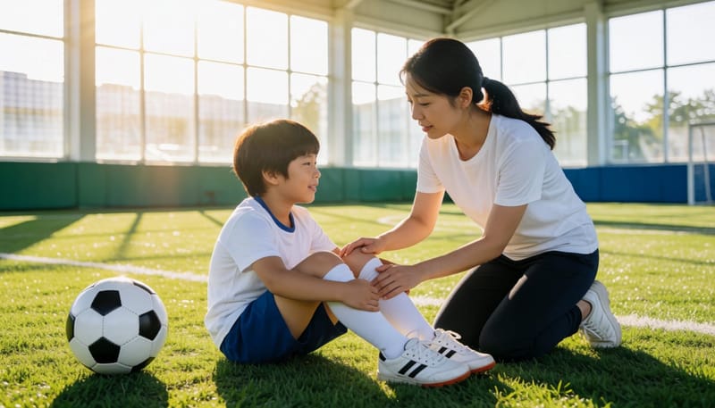 축구장에서 넘어져 무릎을 감싸 쥔 아이를 살펴보는 엄마