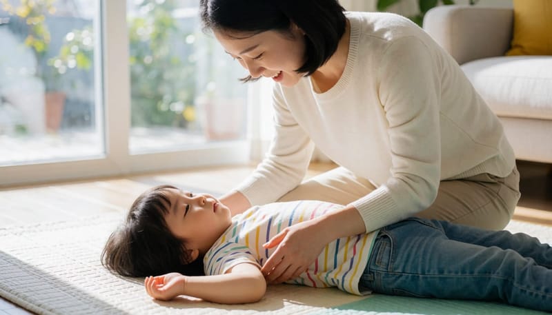 집에서 아이의 양쪽 다리 길이를 비교해보는 엄마