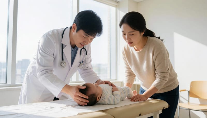 의사가 아이의 머리 기울기를 손으로 가늠하며 진찰하는 모습