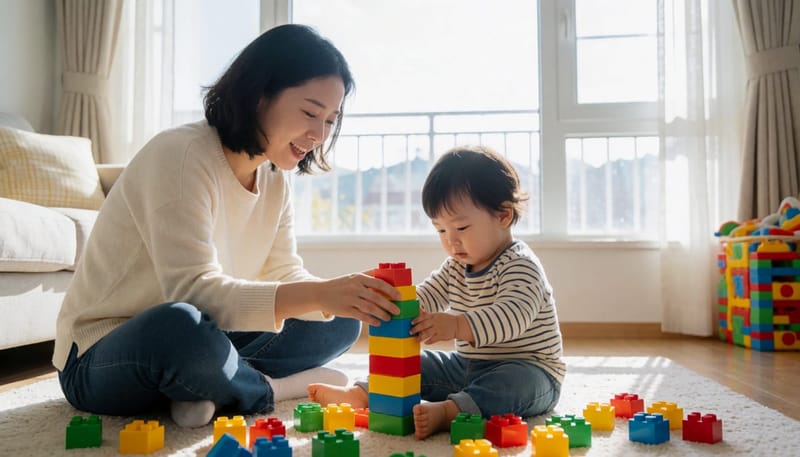 장난감을 가지고 놀면서도 고개가 기울어진 아이와 지켜보는 엄마