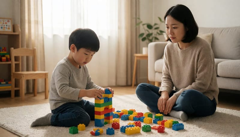 집에서 블록놀이를 하는 남자아이와 그 모습을 걱정스럽게 지켜보는 엄마