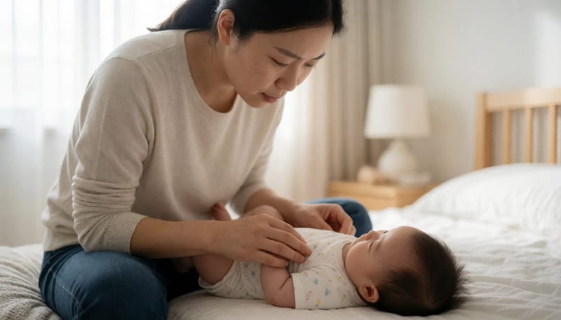 엄마가 아기 기저귀를 갈며 사타구니 부위를 걱정스럽게 살펴보는 모습
