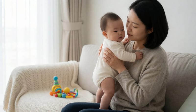 엄마가 아기를 세워 안고 등을 토닥이며 편안하게 달래는 집안 풍경